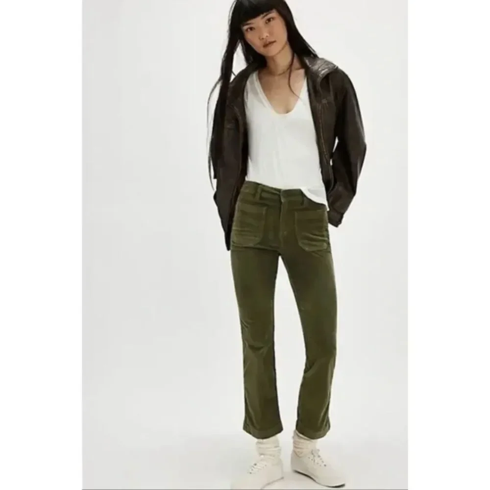 Free People High Time Velvet Flare Pants Womens Size 12 Green Stretch Boho
